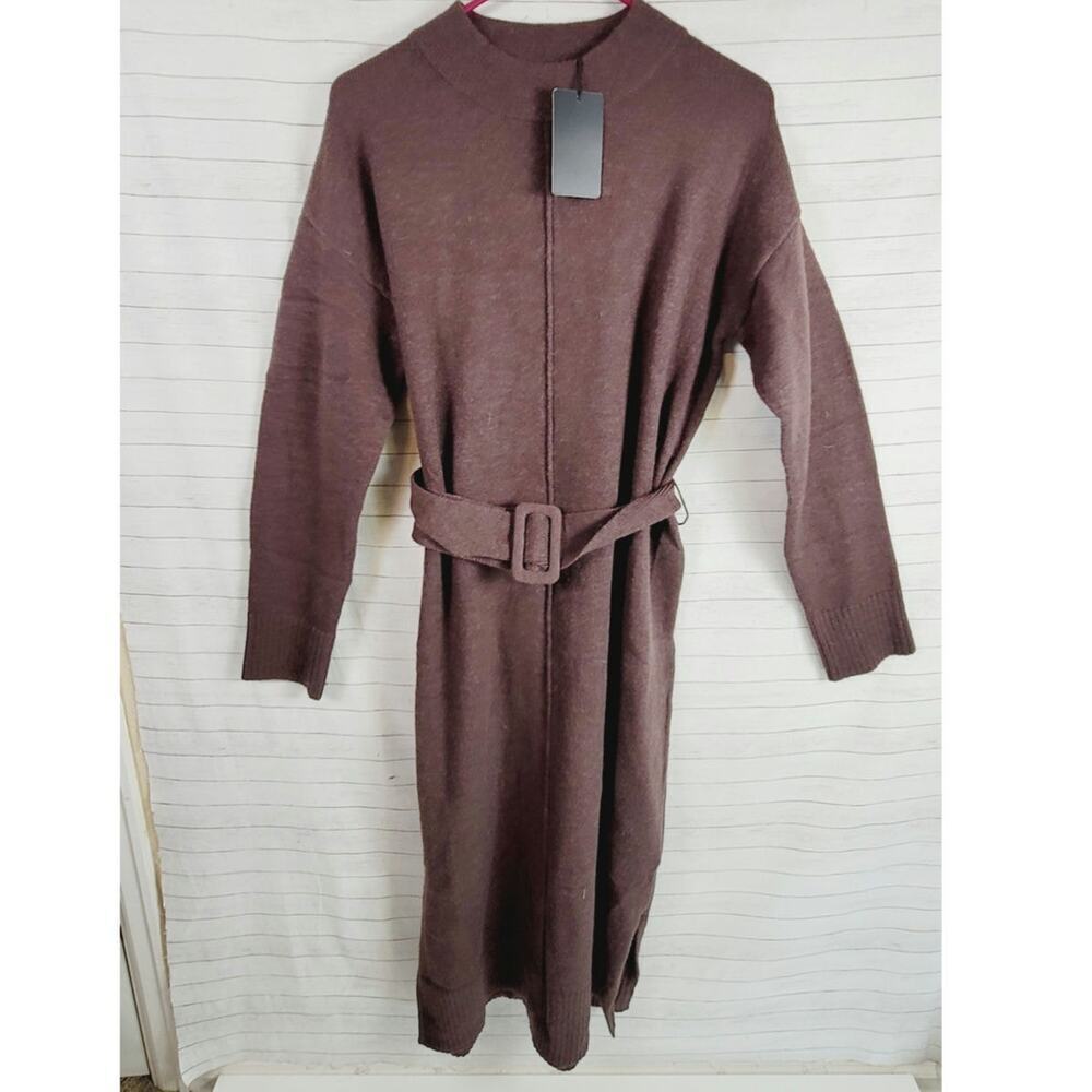 FATE BELTED LONG SLEEVE MIDI SWEATER DRESS IN BROWN, SZ LARGE